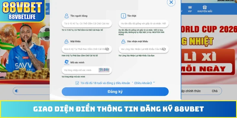 Giao diện điền thông tin đăng ký 88VBET